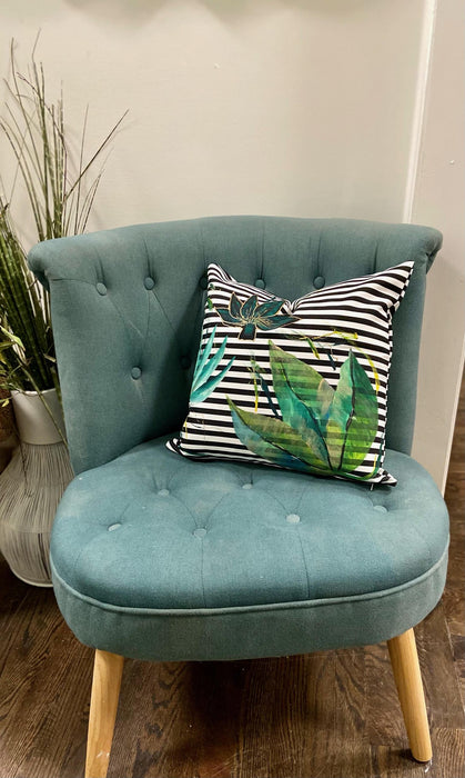 Soleil Bris Hand Painted Black/White Stripe with Tropical Leaf Printed Pillow with insert 18"x18"