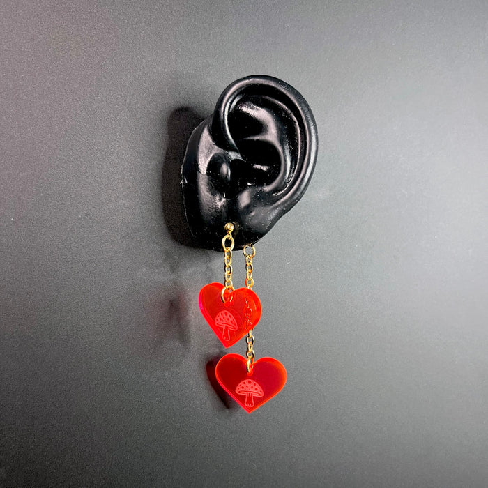 Haus of Topper Objects Shroom Love Earrings in Intense Neon Pink Transparent (Front + Back)