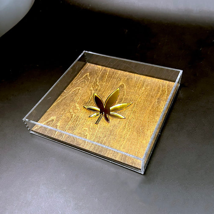 Haus of Topper Objects Canna Leaf Wood & Gold Mirrored Acrylic Rolling Tray