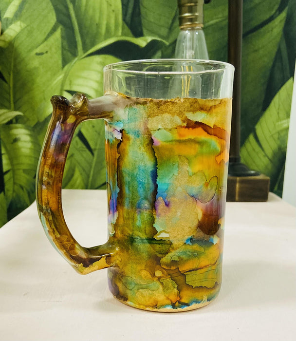 Soleil Bris Yellow with Purple Swirl and Gold Hand Made Beer Mug