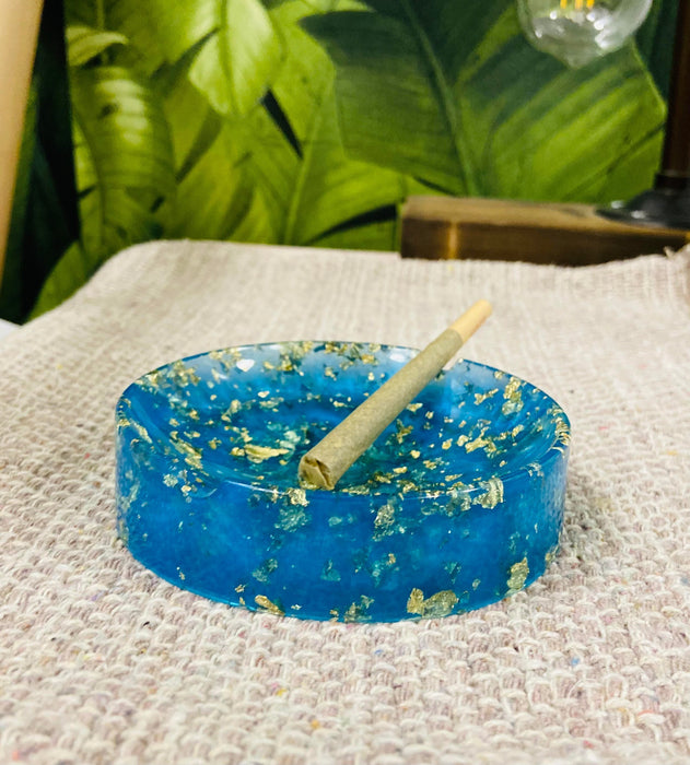 Soleil Bris Small Aqua Blue with Gold Speckled Hand Made Resin Round Ashtray