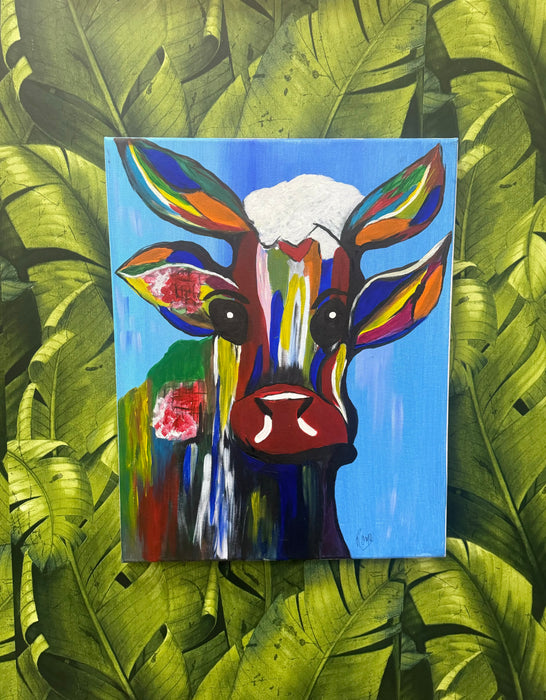 SOLEIL BRIS LARGE CANVAS PAINTING - COLORFUL COW