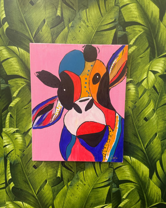 SOLEIL BRIS LARGE CANVAS PAINTING - PINK STARTLE COW