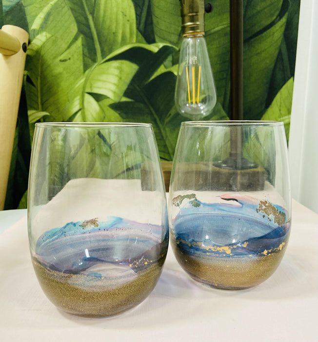 Soleil Bris 20oz. Half Clear with Blue, Purple and Gold Hand Made Stemless Wine Glass Set of 2