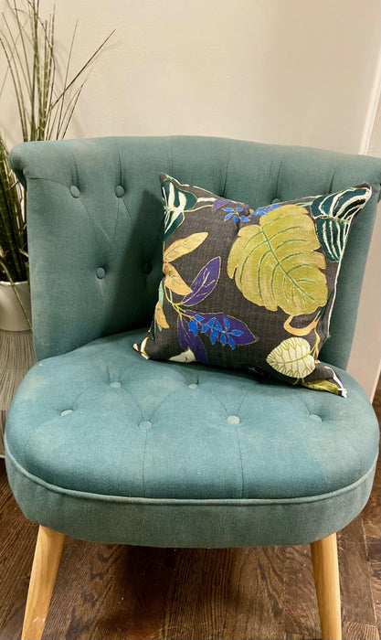 Soleil Bris Hand Painted Black with multi purple Tropical Leaf Printed Pillow with insert 18"x18"