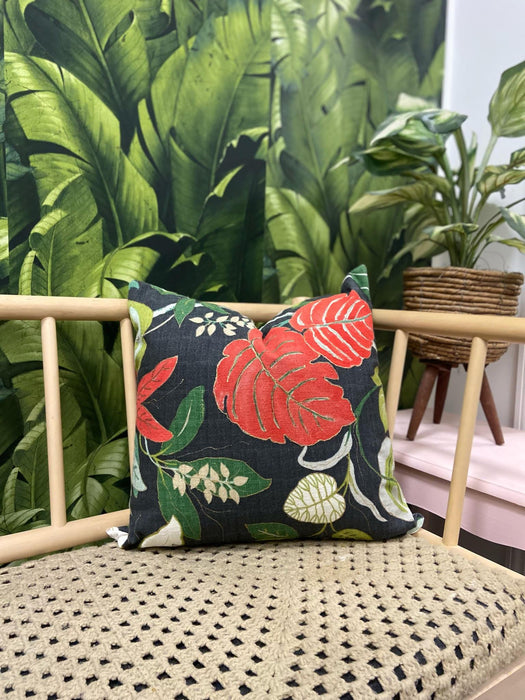 Soleil Bris Hand Painted Black Tropical Leaf Printed Pillow with insert 18"x18"