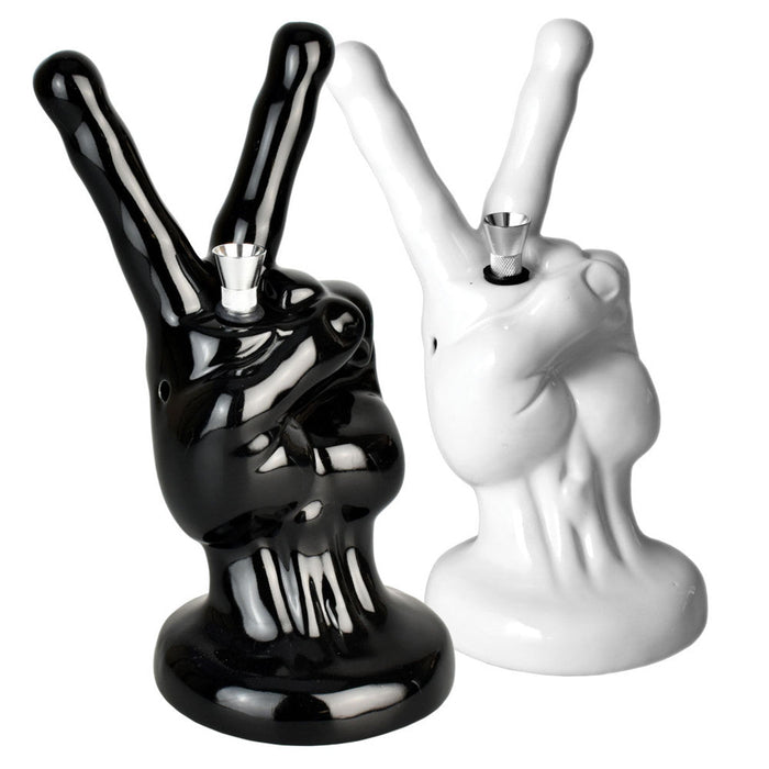 Happy Buds Peace Sign Hand Ceramic Water Pipe | 8.5" BLACK