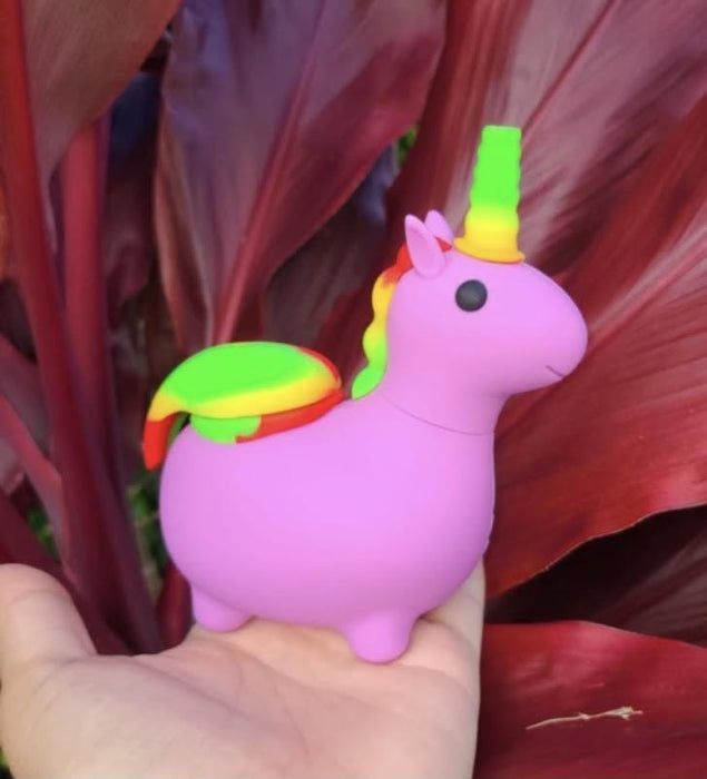Purple Silicone Unicorn Shaped Hand Pipe with Glass Screened Bowl & Cap and colorful tail