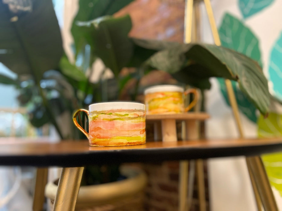 Soleil Bris Tall Ceramic Yellow with coral and gold Hand Made Single Drinking Mug