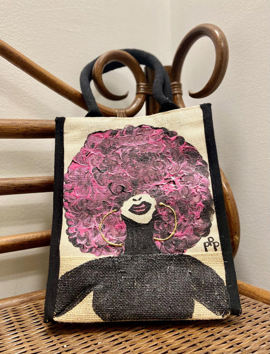 PPP Artwork Hand Painted Small Tote - Pink Large Afro with Gold Hoop