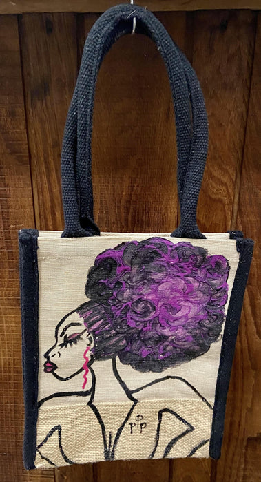PPP Artwork Hand Painted Small Tote with Black trim- PURPLE BIG FRO PONYTAIL