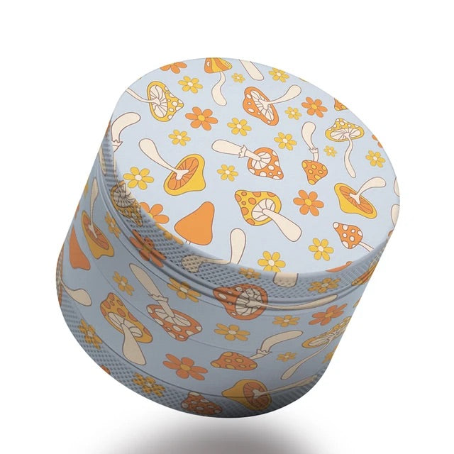 HAPPY BUDS Colorful Custom Printed 4-layer Grinder - BLUE WITH ORANGE MUSHROOMS PRINT