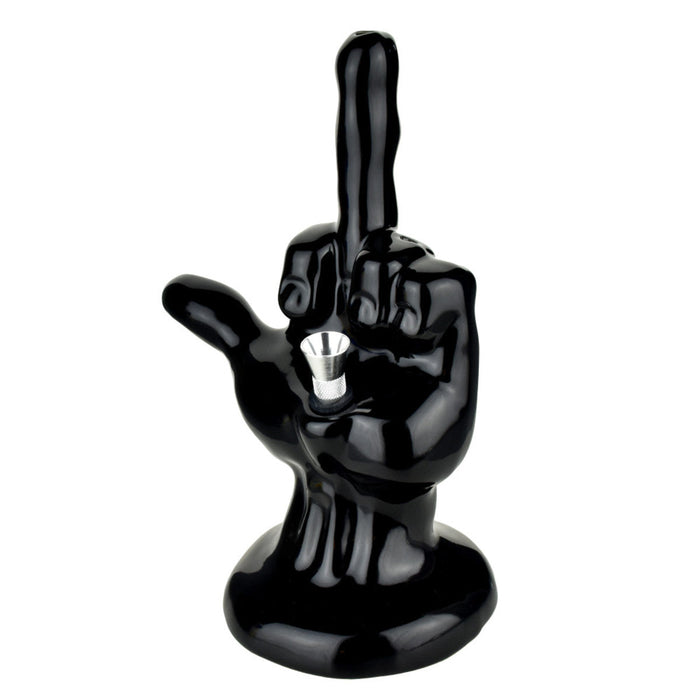 Happy Buds Middle Finger Salute Ceramic Water Pipe | 8.5" | Black
