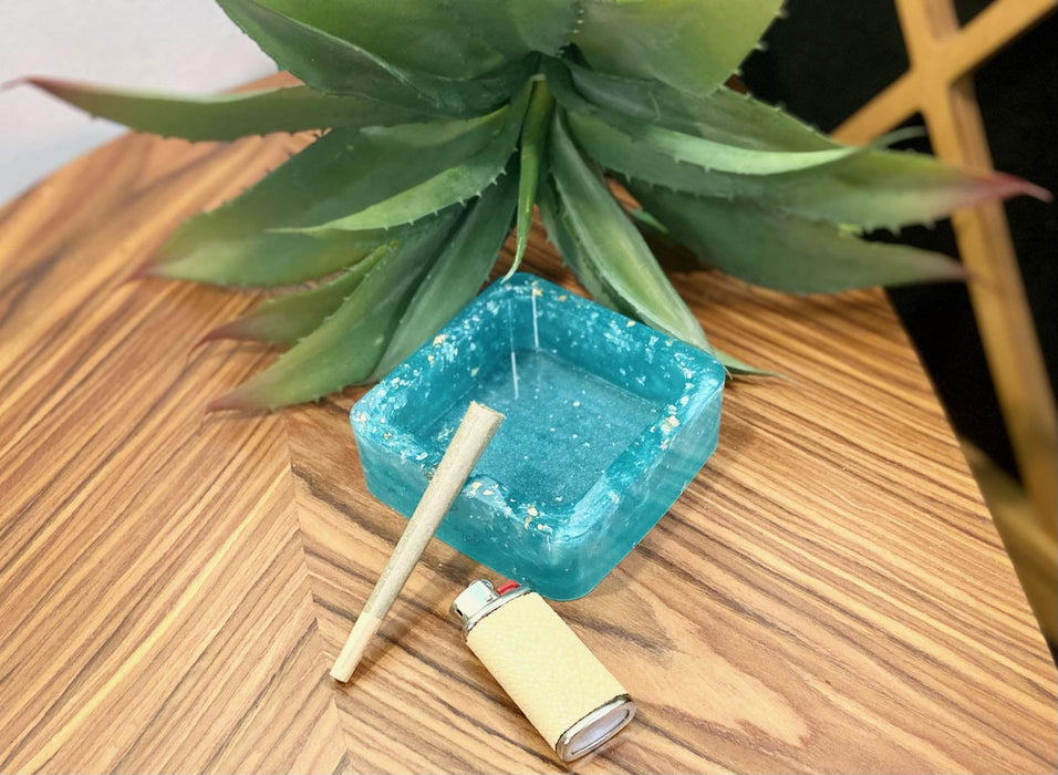 Soleil Bris Light Turquoise Blue with Gold Speckled Hand Made Resin Square Ashtray