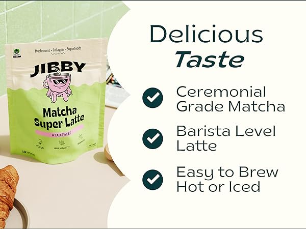 Jibby Matcha Super Latte - Collagen, Mushrooms, Superfoods (10 Servings) SUGAR FREE