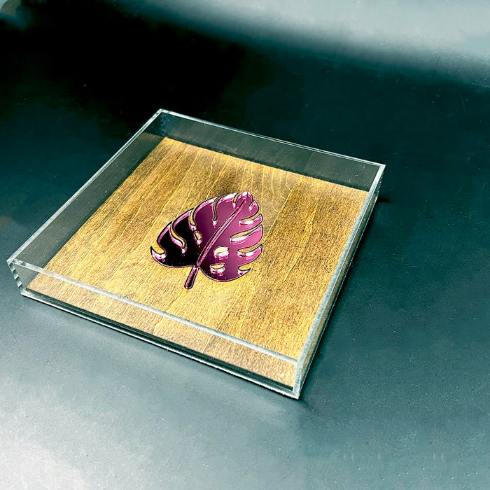 Haus of Topper Objects Monstera Leaf Wood & Pink Mirrored Acrylic Rolling Tray