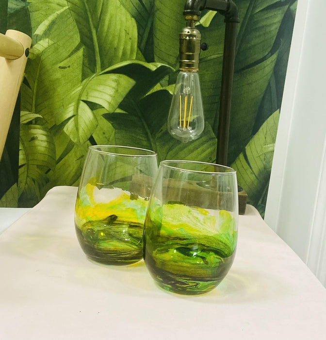 Soleil Bris 20oz. Half Clear Dark Green with Yellow and Gold Hand Made Stemless Wine Glass Set of 2