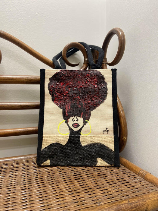 PPP Artwork Hand Painted Small Tote with Black trim- Red High Fro with Bangs
