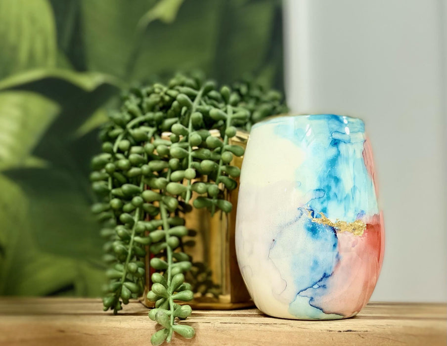 Soleil Bris 20oz. Pastel Rainbow Swirl with Gold Hand Made Stemless Wine Glass