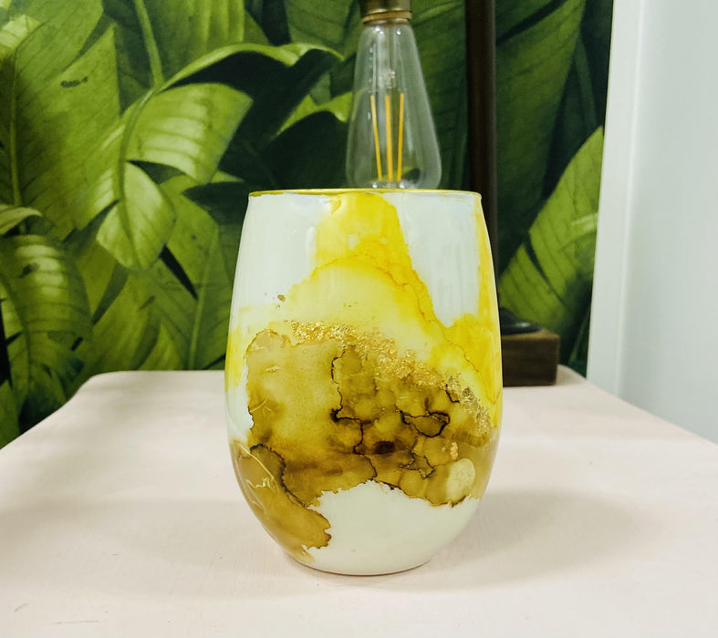 Soleil Bris 20oz. Yellow with Charcoal and Gold Hand Made Single Stemless Wine Glass