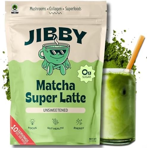 Jibby Matcha Super Latte - Collagen, Mushrooms, Superfoods (30 Servings) SUGAR FREE