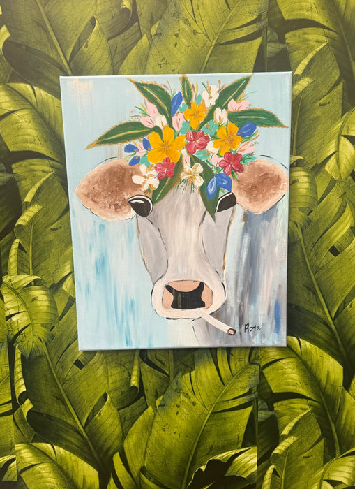 SOLEIL BRIS LARGE CANVAS PAINTING - FLORAL FANTASY COW