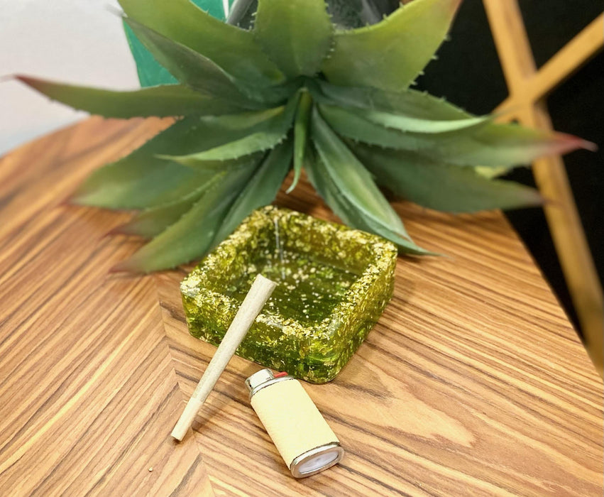 Soleil Bris Olive Green with Gold Speckled Hand Made Resin Square Ashtray