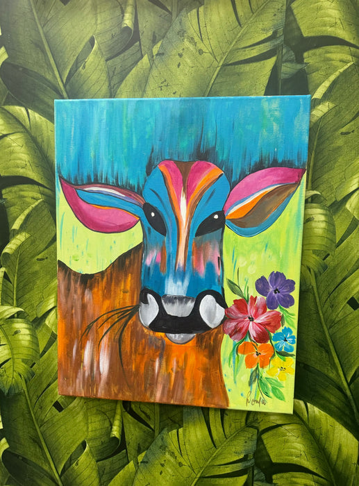 SOLEIL BRIS LARGE CANVAS PAINTING - FLORAL DELIGHT COW
