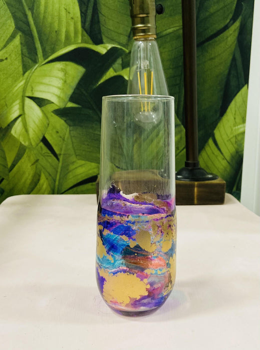 Soleil Bris Blue with Purple Swirl and Gold Hand Made Stemless Champagne Flute