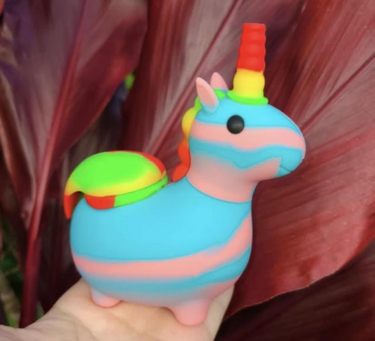 Rainbow Silicone Unicorn Shaped Hand Pipe with Glass and colorful tail