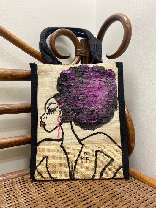 PPP Artwork Hand Painted Small Tote with Black trim- Purple  Fro Bun