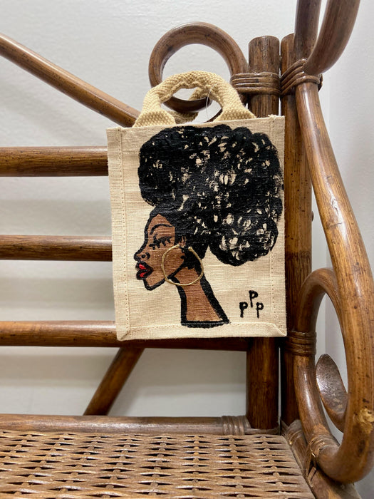 PPP Artwork Hand Painted Small Tote with Black trim- Black Afro Bun