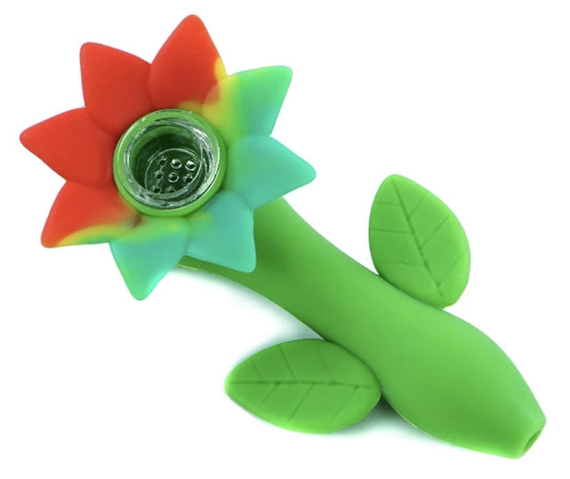 Sun flower Silicone  Smoking Pipe with Glass bowl "Red with Green"
