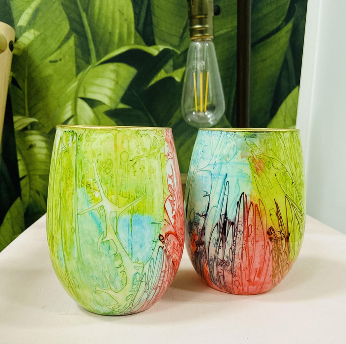Soleil Bris 20oz. Sun splashed Yellow with Purple and Gold Hand Made Stemless Wine Glass Set of 2
