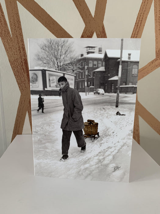 Uncorked and Cultured Holiday Greeting Card Boy pulling firewood