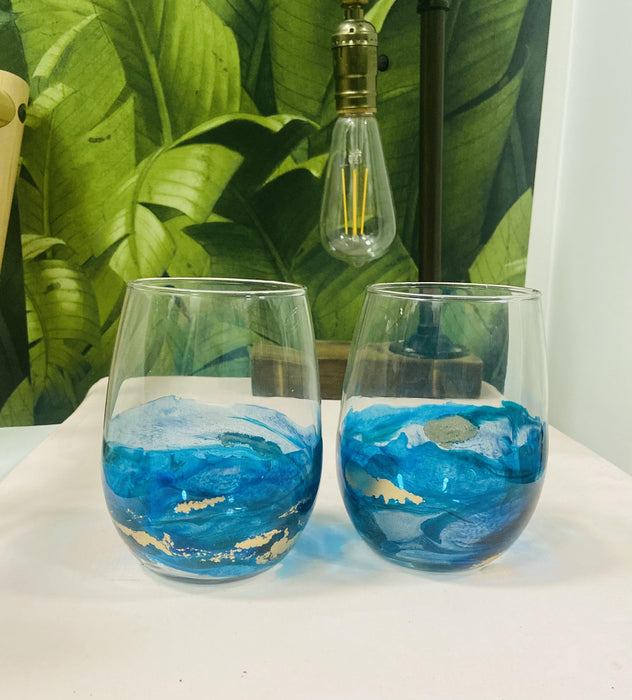 Soleil Bris 20oz. Half Clear with Aqua Blue and Gold Hand Made Stemless Wine Glass Set of 2