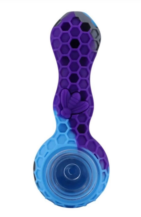 Honeycomb Design Unbreakable Food Grade Silicone Straw Hand Pipe with Glass Bowl - Purple with Blue