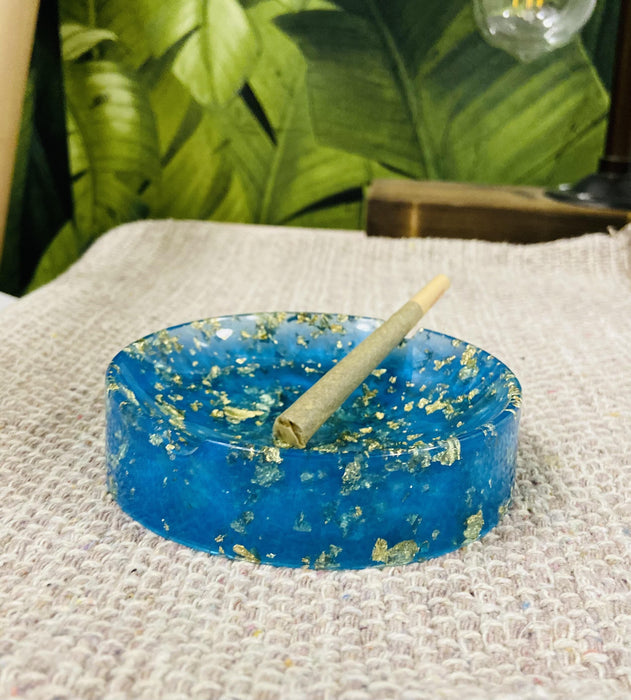 Soleil Bris Small Aqua Blue with Gold Speckled Hand Made Resin Round Ashtray
