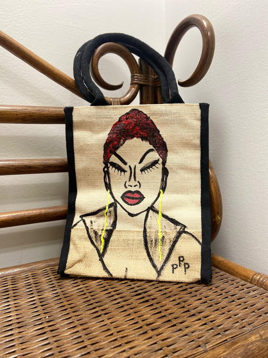 PPP Artwork Hand Painted Small Tote with Black trim- Red Short Do