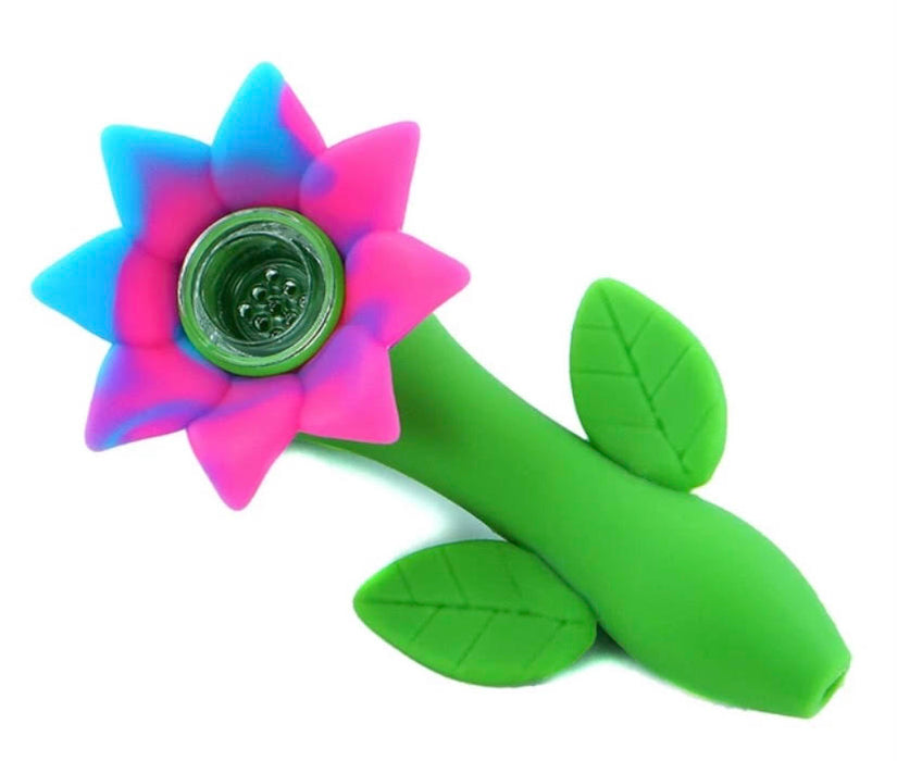 Sun flower Silicone  Smoking Pipe with Glass bowl "Pink with Blue"