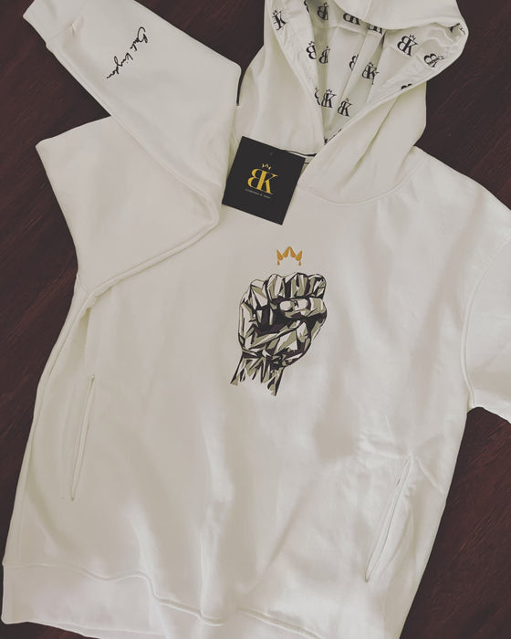 Bouli Kingdom WHITE Printed Hoodie X-LARGE with embroidered gold crown and satin lined hood