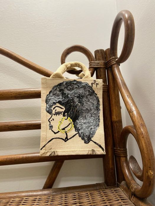 PPP Artwork Hand Painted Small Tote  - Black and Grey Mohawk fro