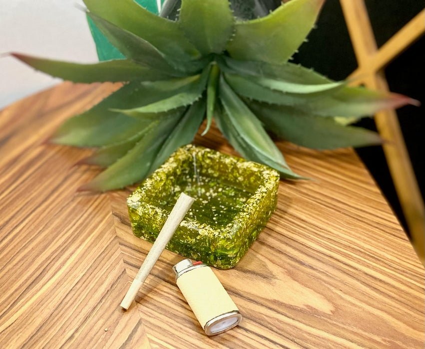 Soleil Bris Olive Green with Gold Speckled Hand Made Resin Square Ashtray