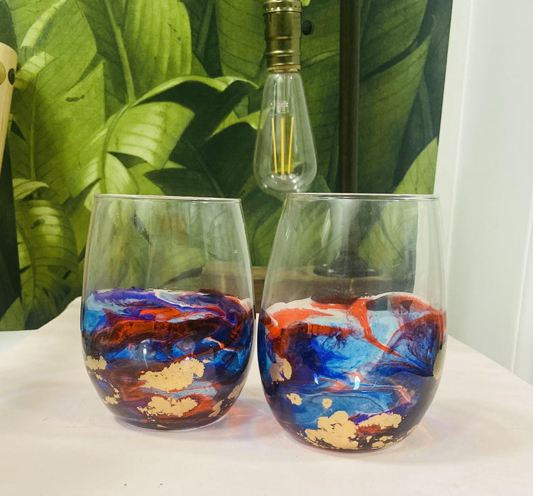 Soleil Bris 20oz. Half Clear Blue with Red and Gold Hand Made Stemless Wine Glass Set of 2