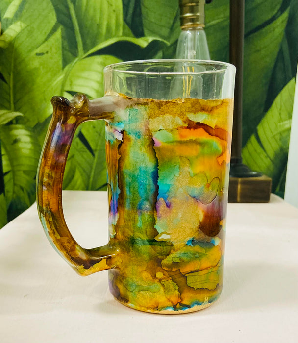 Soleil Bris Yellow with Purple Swirl and Gold Hand Made Beer Mug