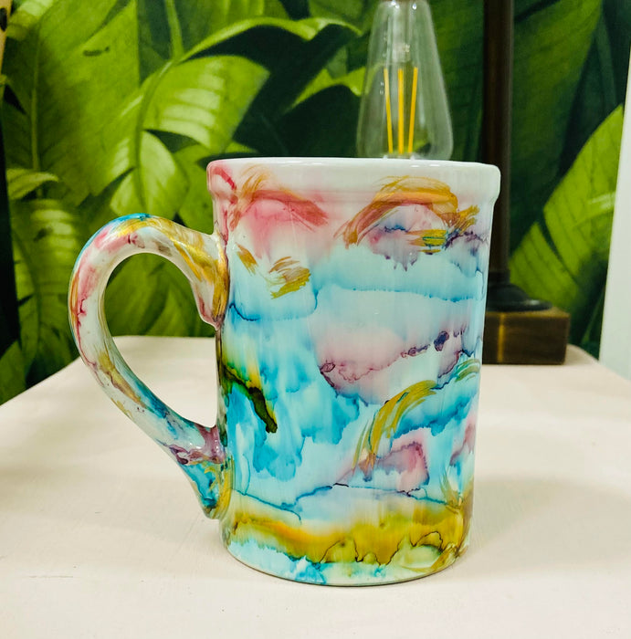 Soleil Bris Tall Ceramic Pastel Swirl and Gold Hand Made Single Drinking Mug
