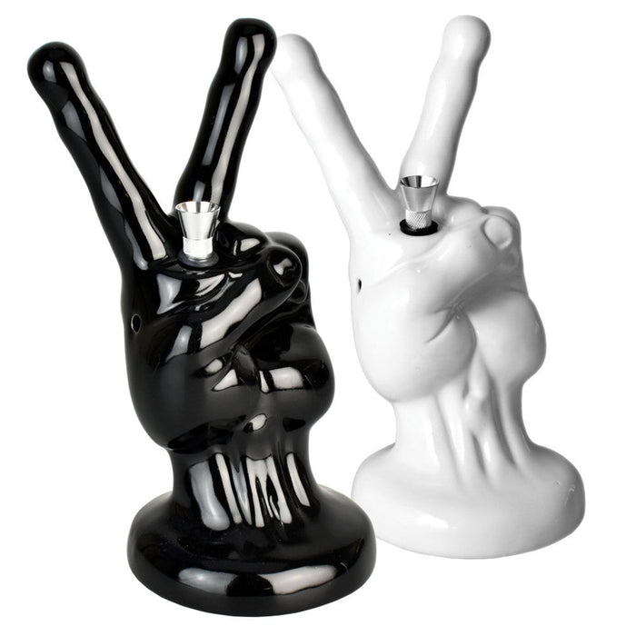 Happy Buds Peace Sign Hand Ceramic Water Pipe | 8.5" WHITE