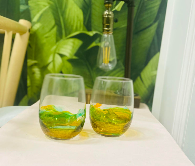 Soleil Bris 20oz. Half Clear Green with Yellow and Gold Hand Made Stemless Wine Glass Set of 2