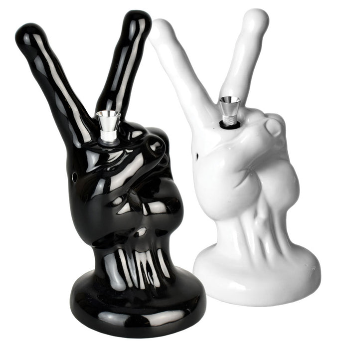 Happy Buds Peace Sign Hand Ceramic Water Pipe | 8.5" BLACK