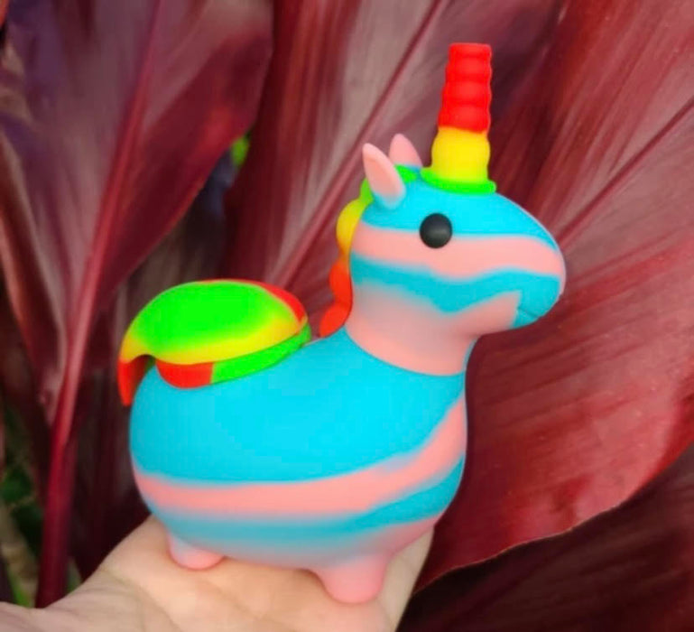 Rainbow Silicone Unicorn Shaped Hand Pipe with Glass and colorful tail